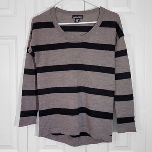 100% Extrafine Merino Wool Striped Sweater Black Taupe Gray Women XS